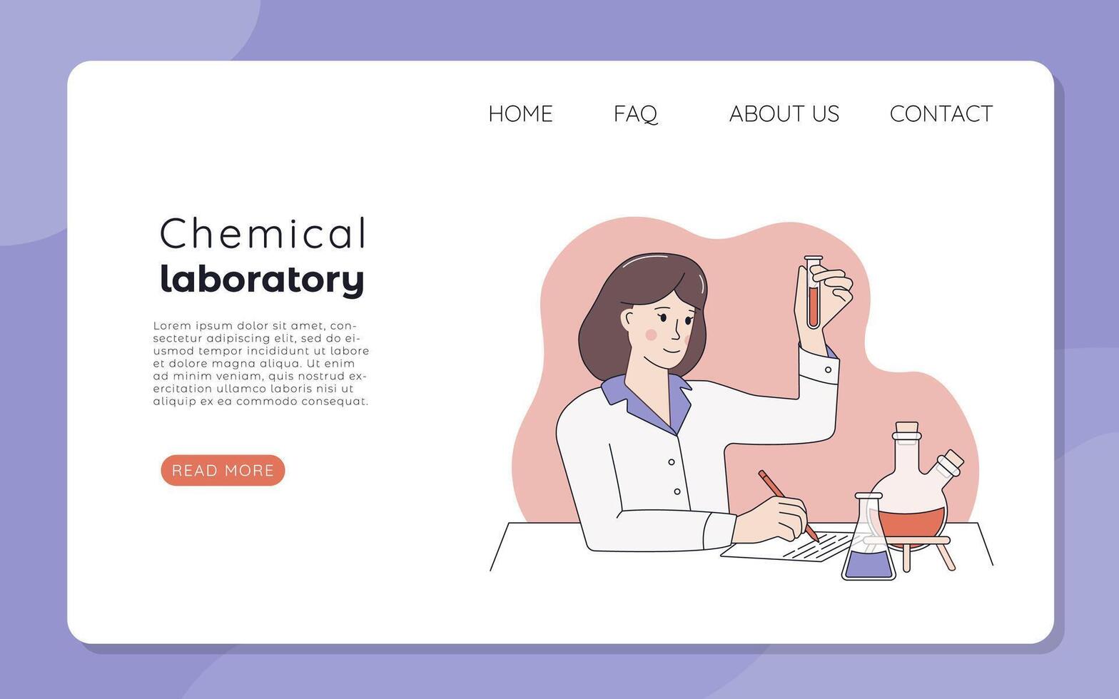 Web banner or landing page of a chemical laboratory. A woman scientist or chemist conducting an experiment vector