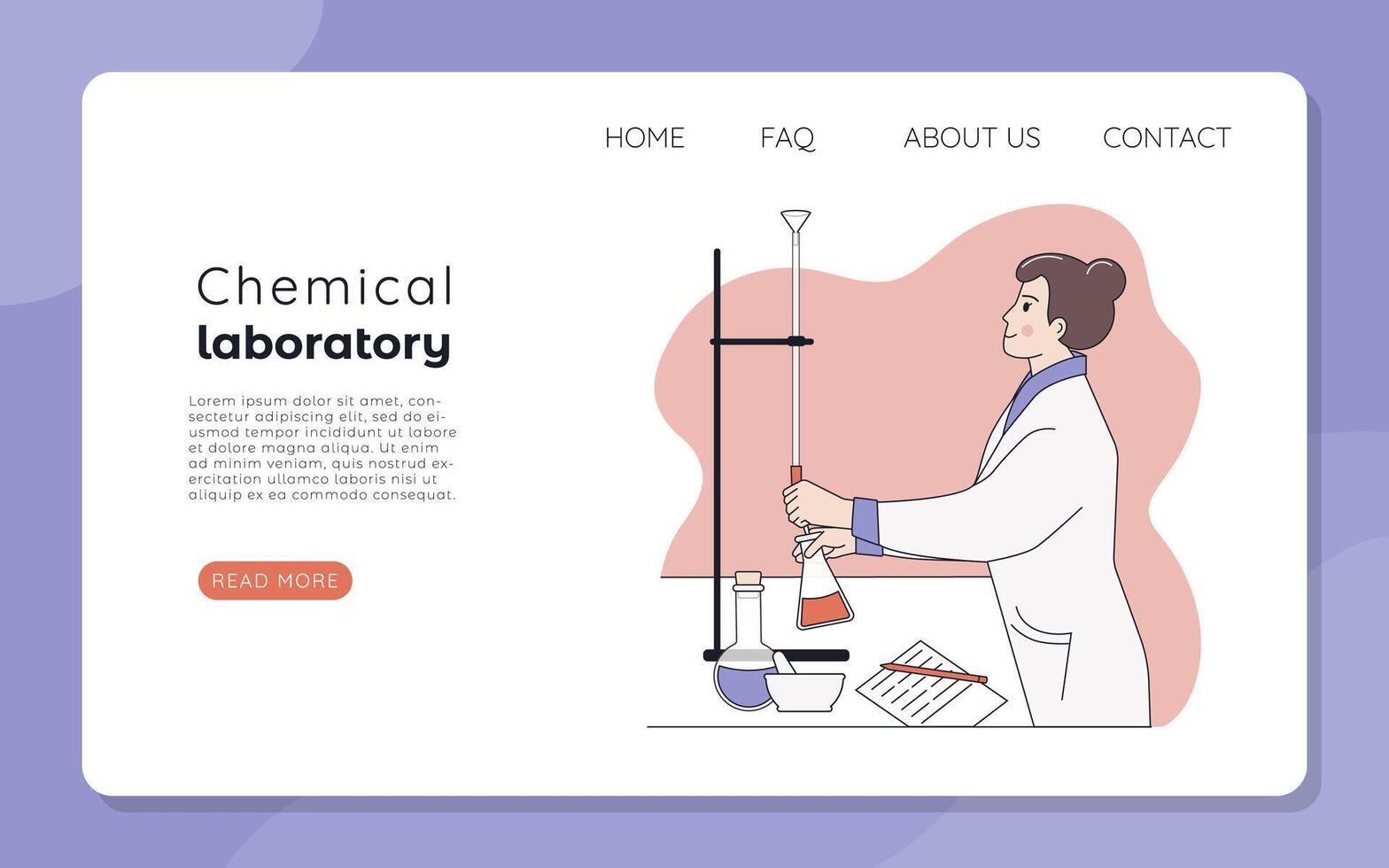 Web banner or landing page of a chemical laboratory. A woman scientist or chemist conducts research behind a titration unit vector