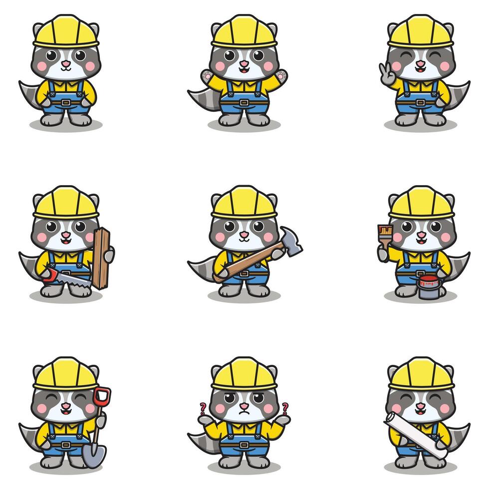 Cute Raccoon mascot works in construction. Cute Raccoon builder cartoon. Animal builders. vector