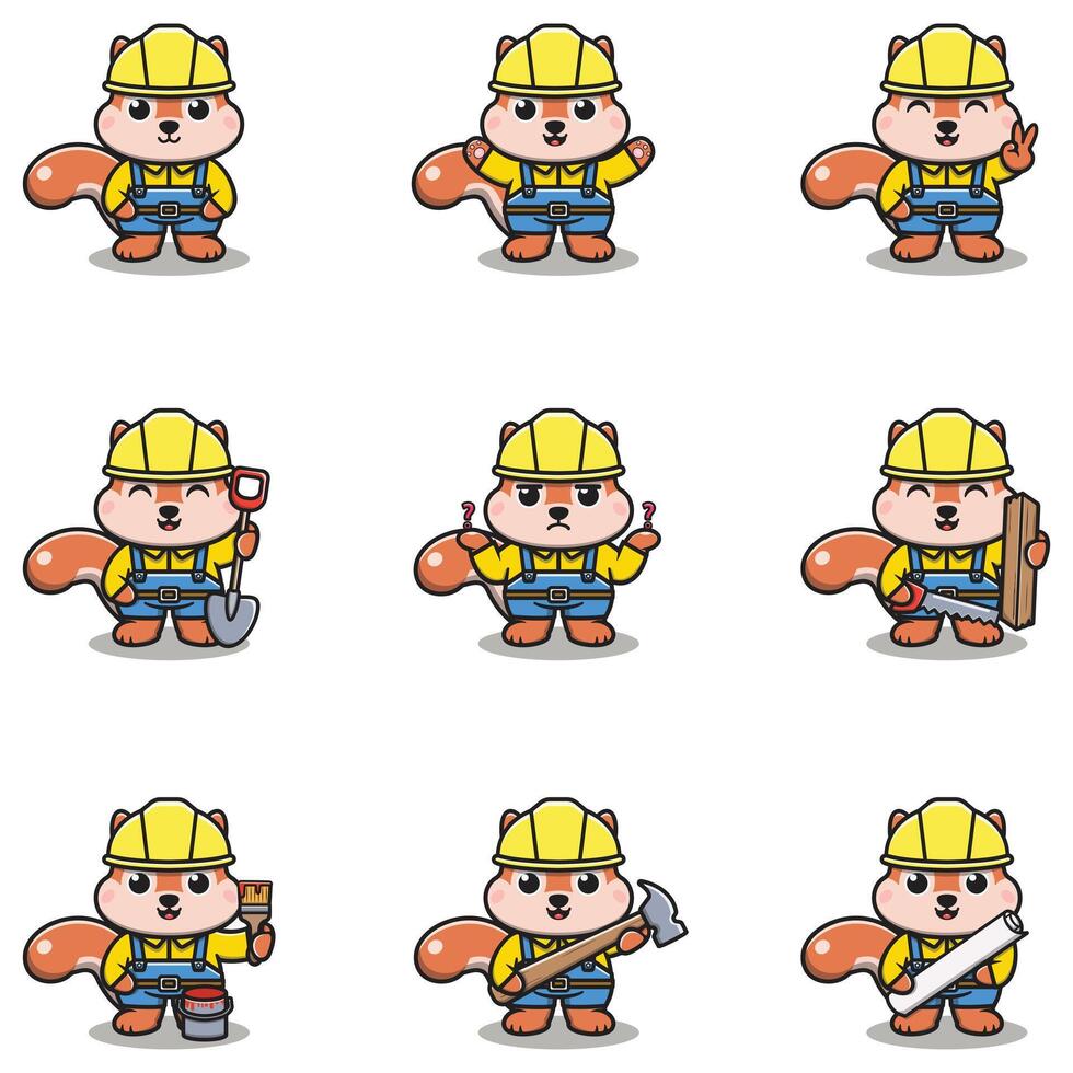 Cute Squirrel mascot works in construction. Cute Squirrel builder cartoon. Animal builders. vector