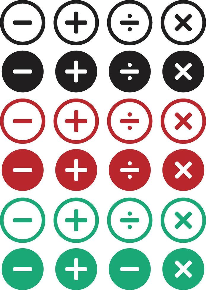 Plus, minus, add and subtract icon set in different color vector