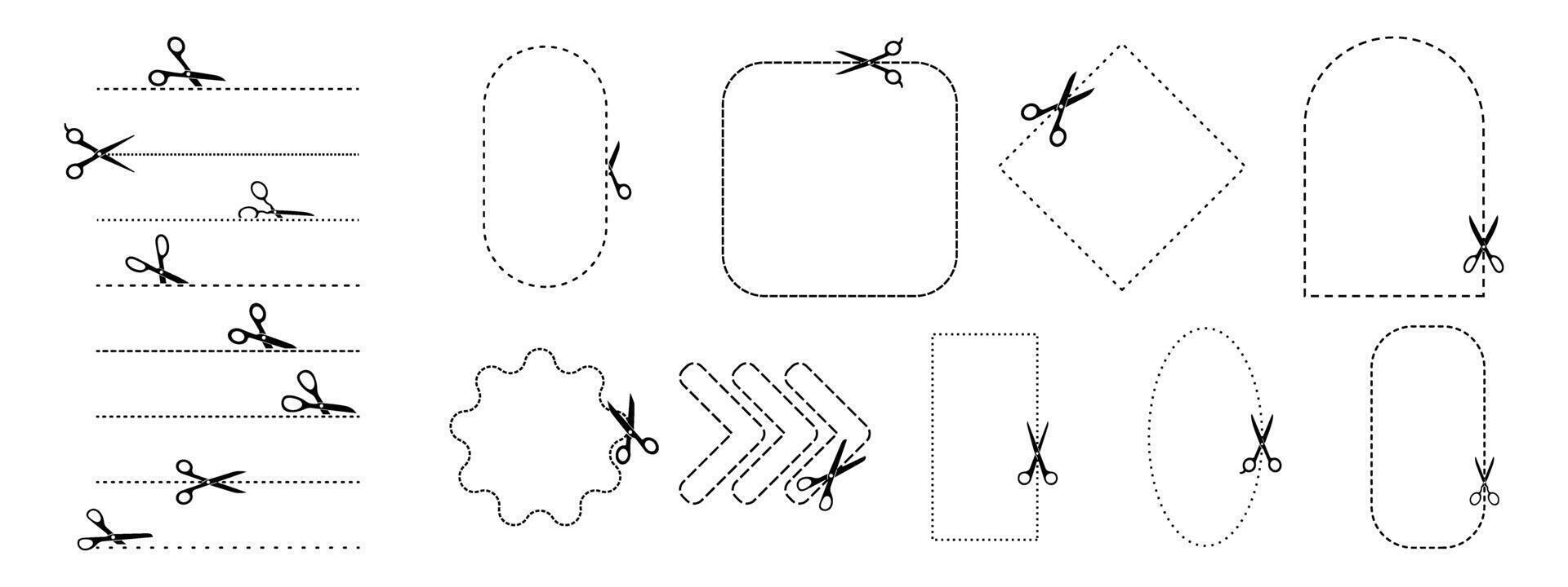 Set of scissors icons with dotted lines and geometric shapes. Cut here symbol. vector