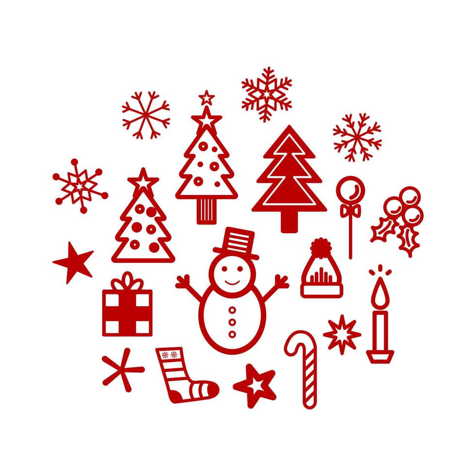 A collection of Christmas trees including snowman, snowflakes, fir tree and other decorations. vector