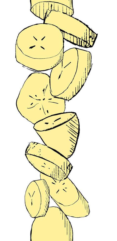 Pieces of banana slice snack seamless vertical graphic border. illustration vector