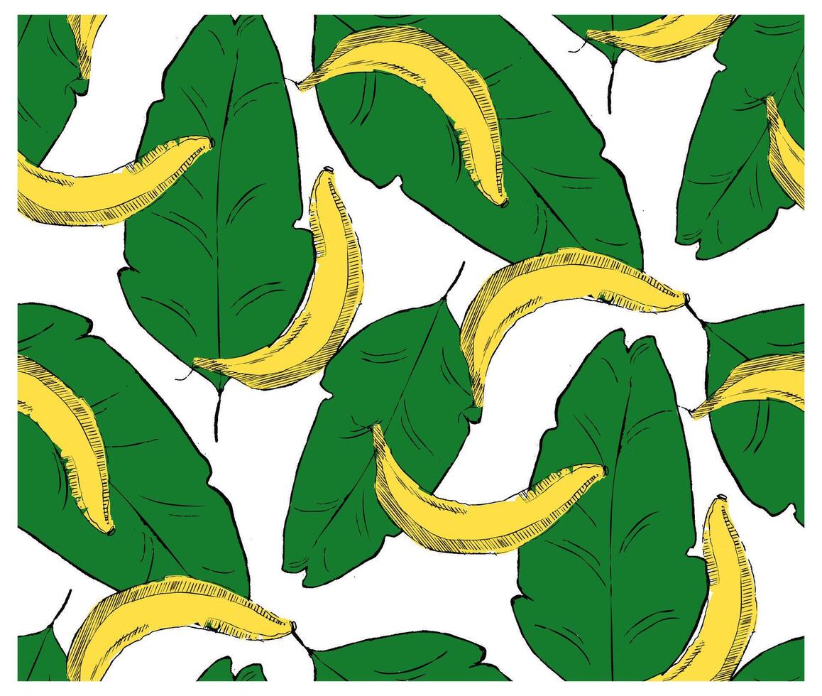 Seamless stylish pattern with fresh yellow bananas on green leaves background in graphic style. Bananas pattern for cloth, textile, wrap, tshirt, bermudas and other design. vector
