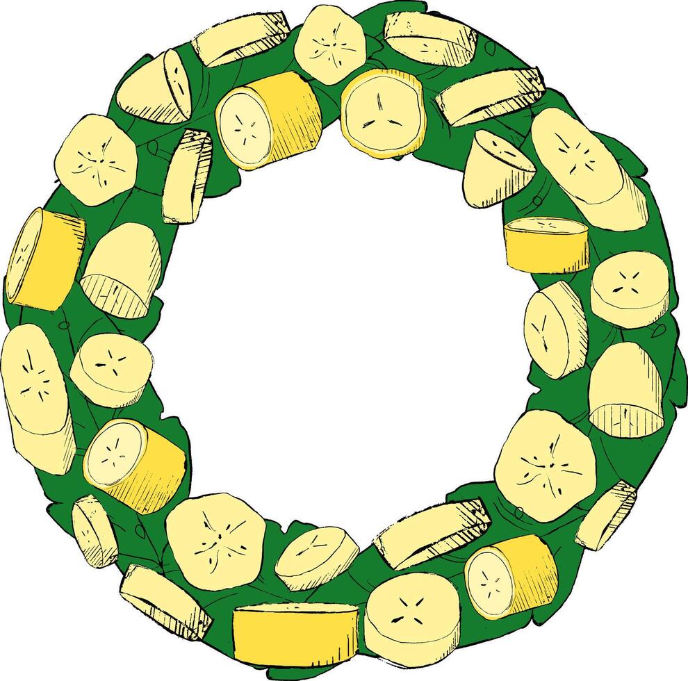 Tropical round circle frame with palm leaf and banana slices. Party invitation, sale poster, banner. Hand drawn graphic illustration with a text place. illustration vector