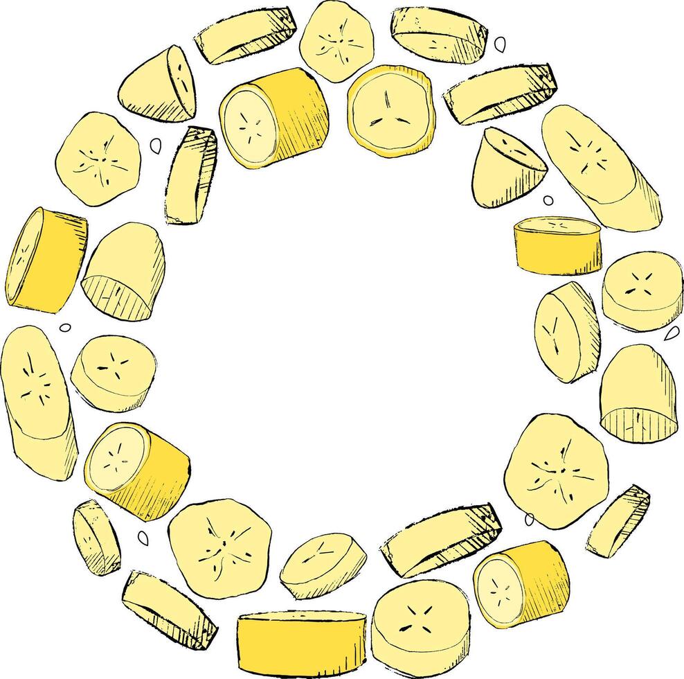 banana slices Fruits circle frame. graphic hand drawn round template. Label Package template. Design element vector