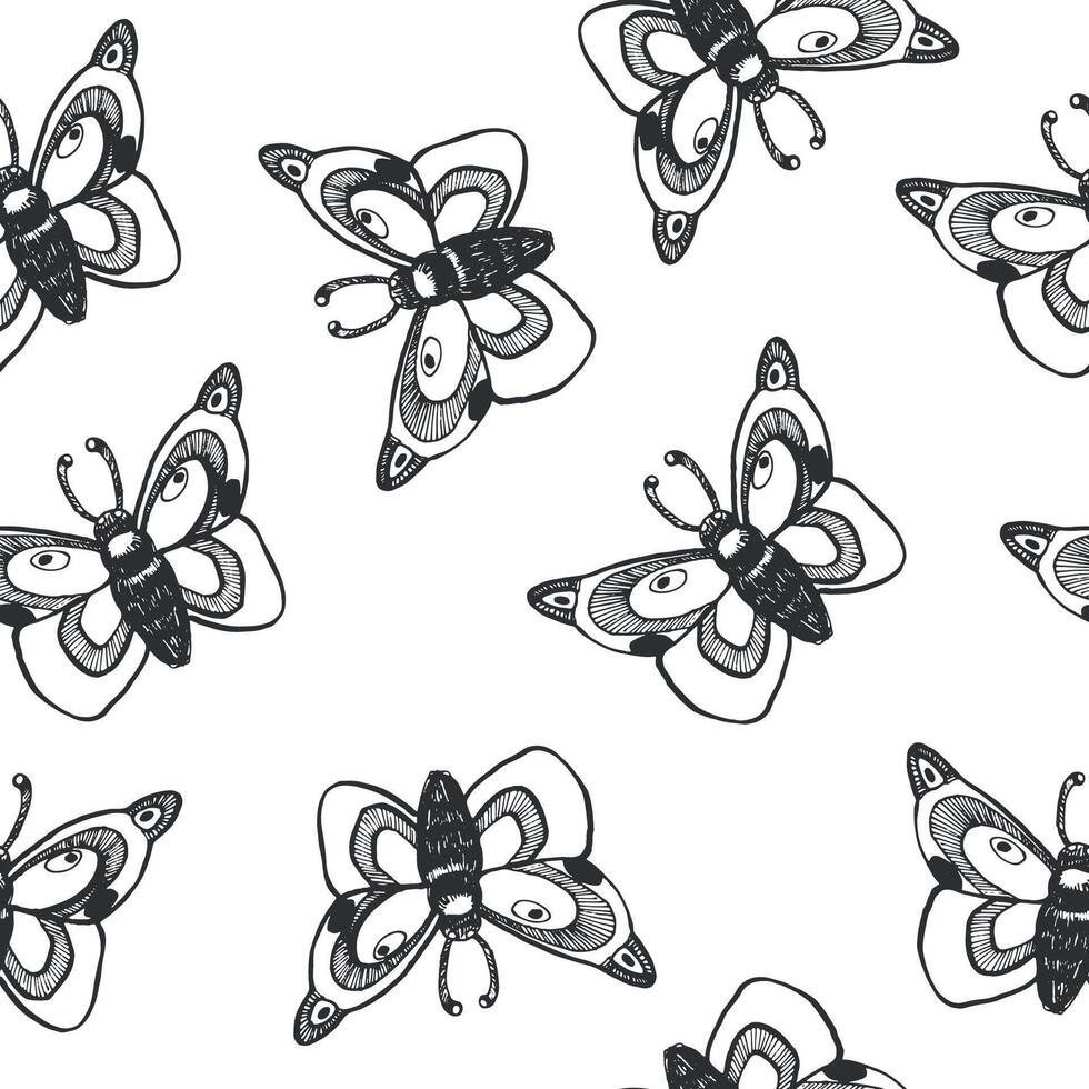 Butterflies and moths hand drawn with ink and transferred to . Seamless pattern. Suitable for printing on fabric, yuumage, for cards and invitations vector