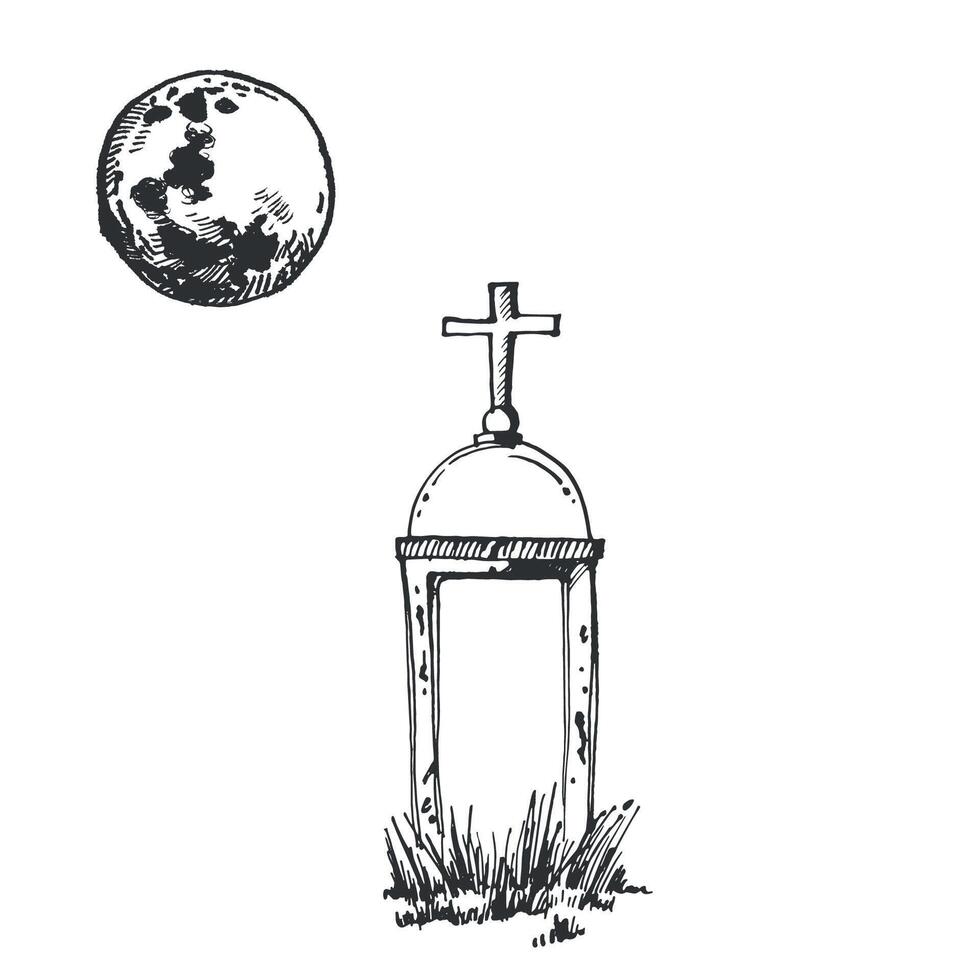 Old tombstone with cross, cemetery and full moon in the sky. Halloween illustration. All objects are hand-drawn with ink. Suitable for printing Halloween cards, party invitations vector