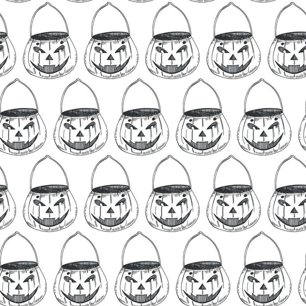 Seamless pattern of Halloween pumpkins, baskets of Halloween pumpkins. All objects are hand-drawn with ink. Seamless pattern. Suitable for printing on fabric, paper, for cards and invitations vector