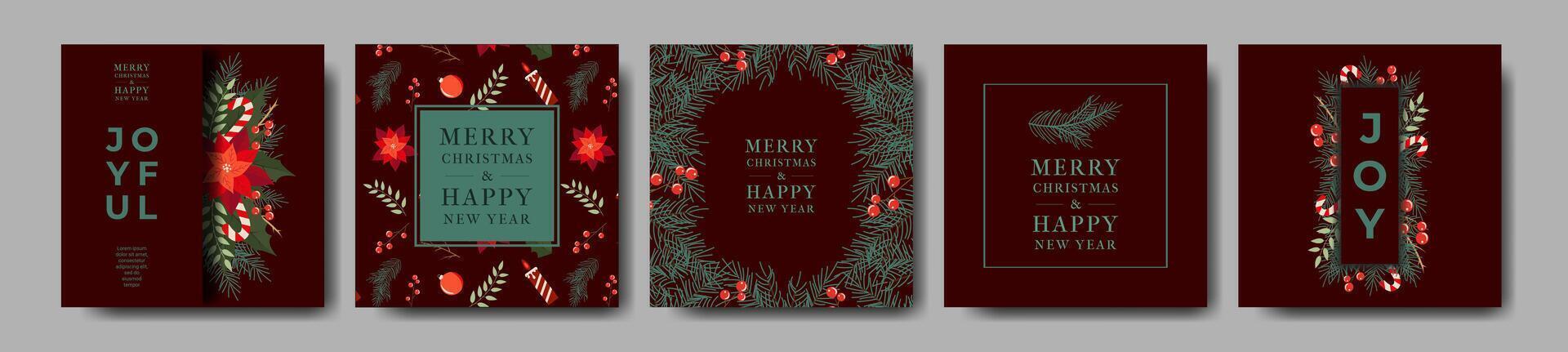 Modern Red Holiday Poster with Fir Branch, Poinsettia, Berries. Fun and Bright Universal Art Templates. Traditional Christmas and New Year Posters with Trendy Fonts for Social Media, Website. vector