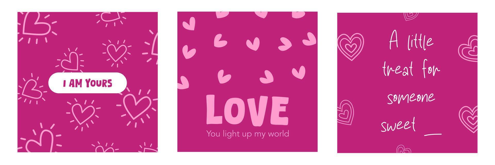 Set of Trendy Happy Valentine's Day with romantic cute pink heart in purple square background vector