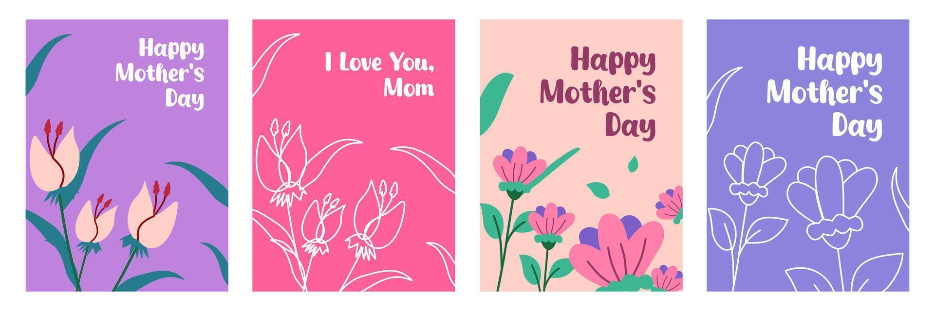 Trendy Mothers Day vertical template card set with lines and flower on colorful background vector