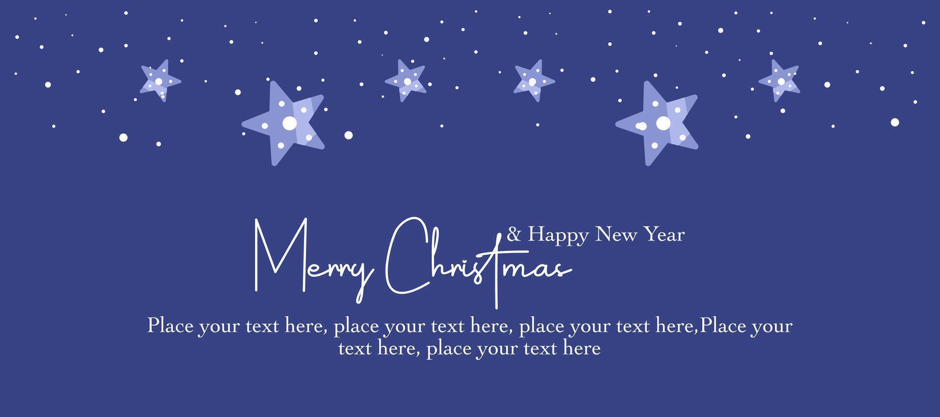 Trendy minimal Merry Christmas, Happy New Year greeting card template with stars and snow pattern illustration on blue background vector