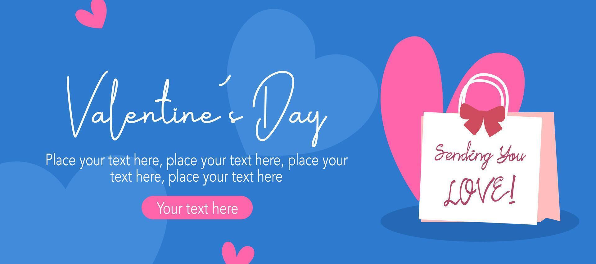 Happy Valentine's Day template with pink heart and simple bag shapes in blue background vector
