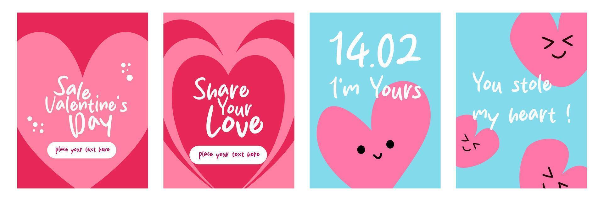 Set of Trendy Happy Valentine's Day with cute pink heart and simple shapes in blue background template vector