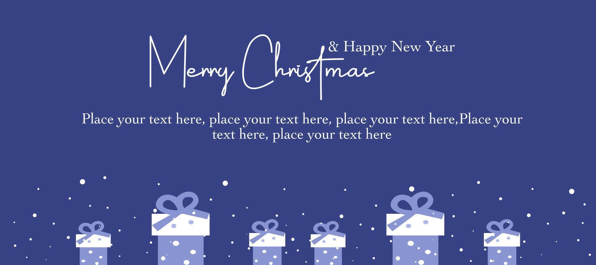 Minimalist Merry Christmas, Happy New Year greeting card template with gifts and snow pattern illustration on blue background vector