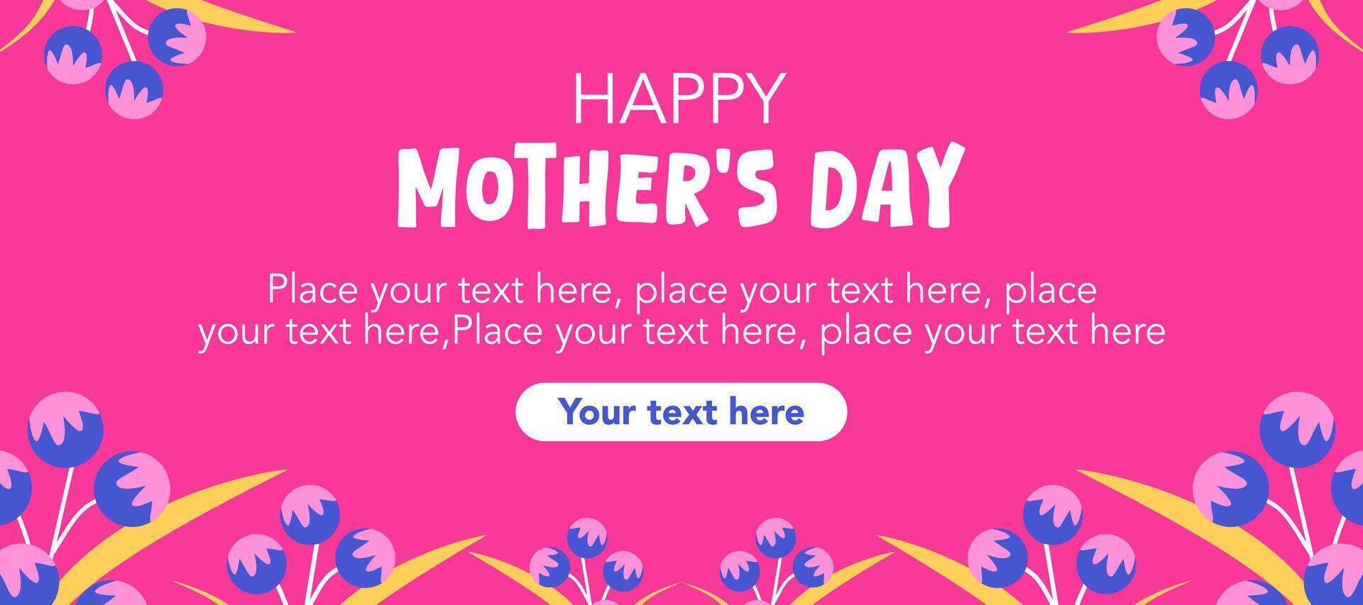 Happy Mothers Day simple horizontal template with cute purple flowers illustration on pink background vector