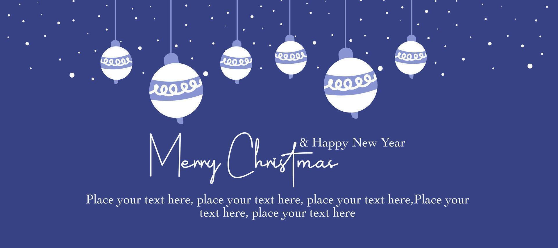 Trendy Merry Christmas, Happy New Year greeting card template with minimal ornament and snow pattern illustration on blue background vector