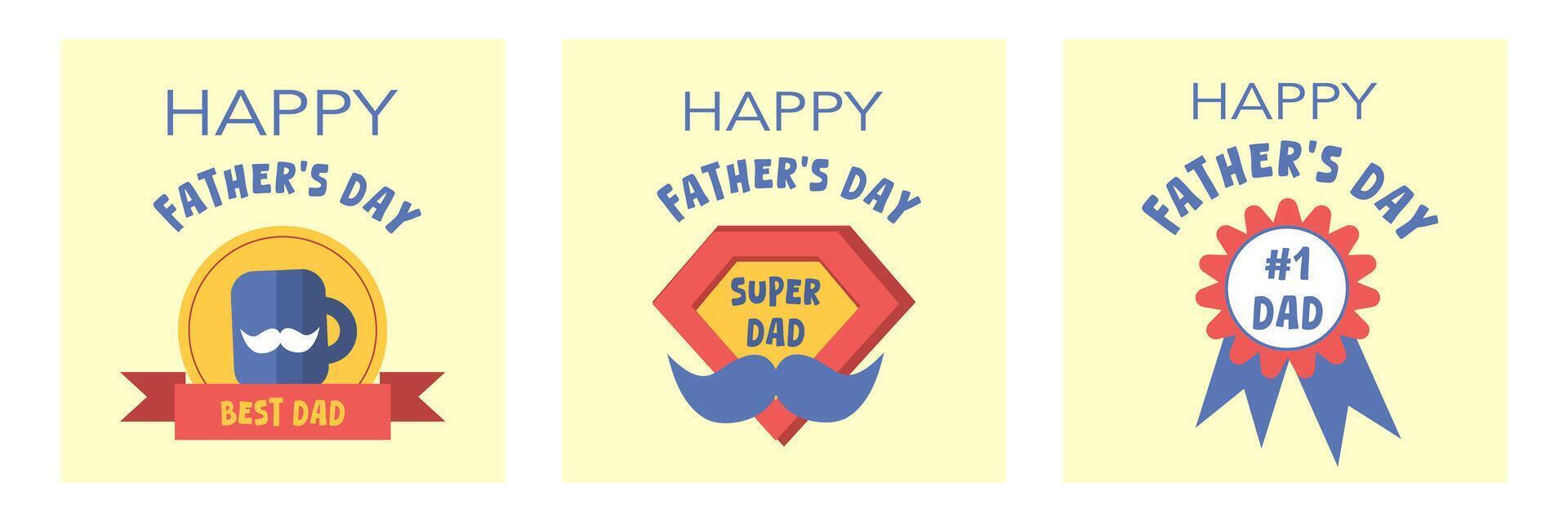 Set of Happy Father's Day square greeting cards with tags, symbol in simple yellow background for social media vector