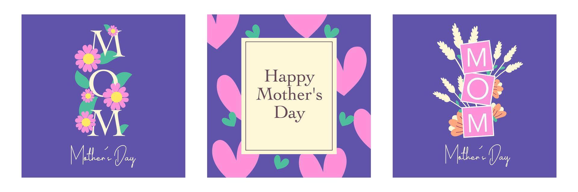 Trendy Mothers Day square template card set with heart and flower on purple background vector
