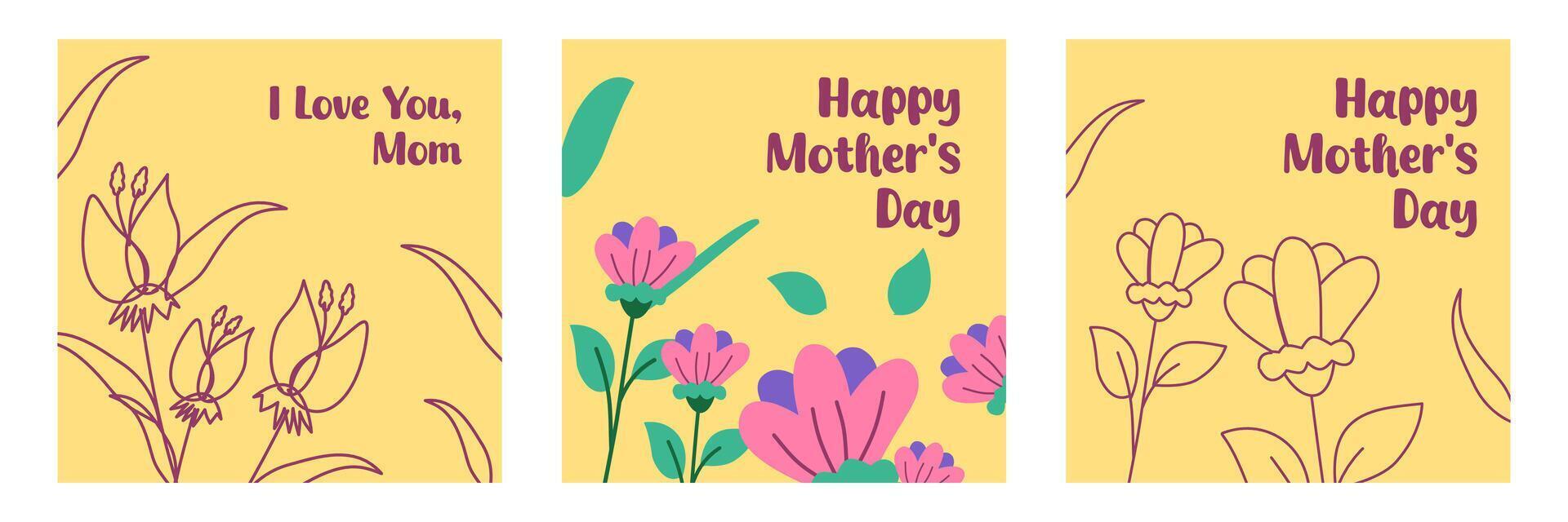 Trendy Mothers Day template card simple set with lines and flower on yellow background vector