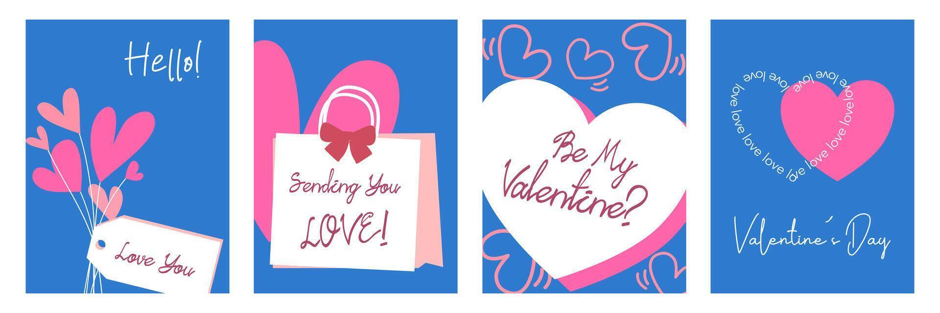 Set of Trendy Happy Valentine's Day with pink heart, simple shapes in blue background vector