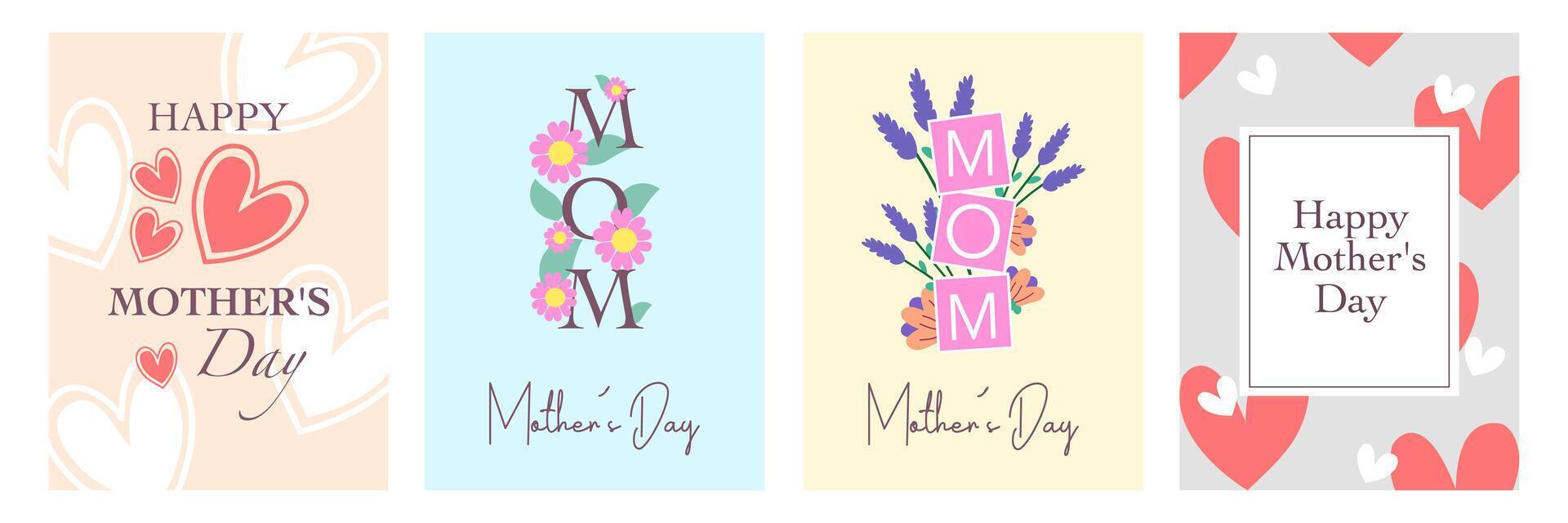 Trendy Mothers Day vertical template card set with heart and flower on pastel colorful background vector