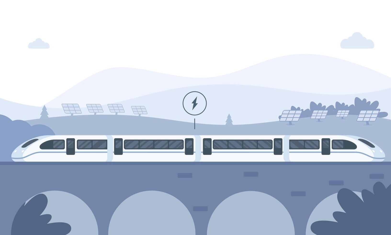 Sustainable transportation concept. Fast train passes through fields with lots of solar panels and mountain views. High-speed railway transport sustainability. Electric train illustration vector