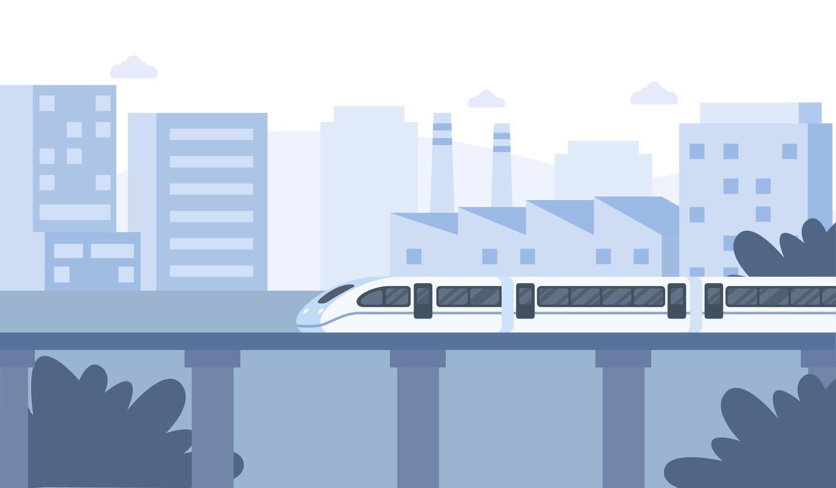 Sustainable transportation concept. Fast trains pass through the modern city with office and industrial building views. Eco-friendly transportation. Electric train illustration vector