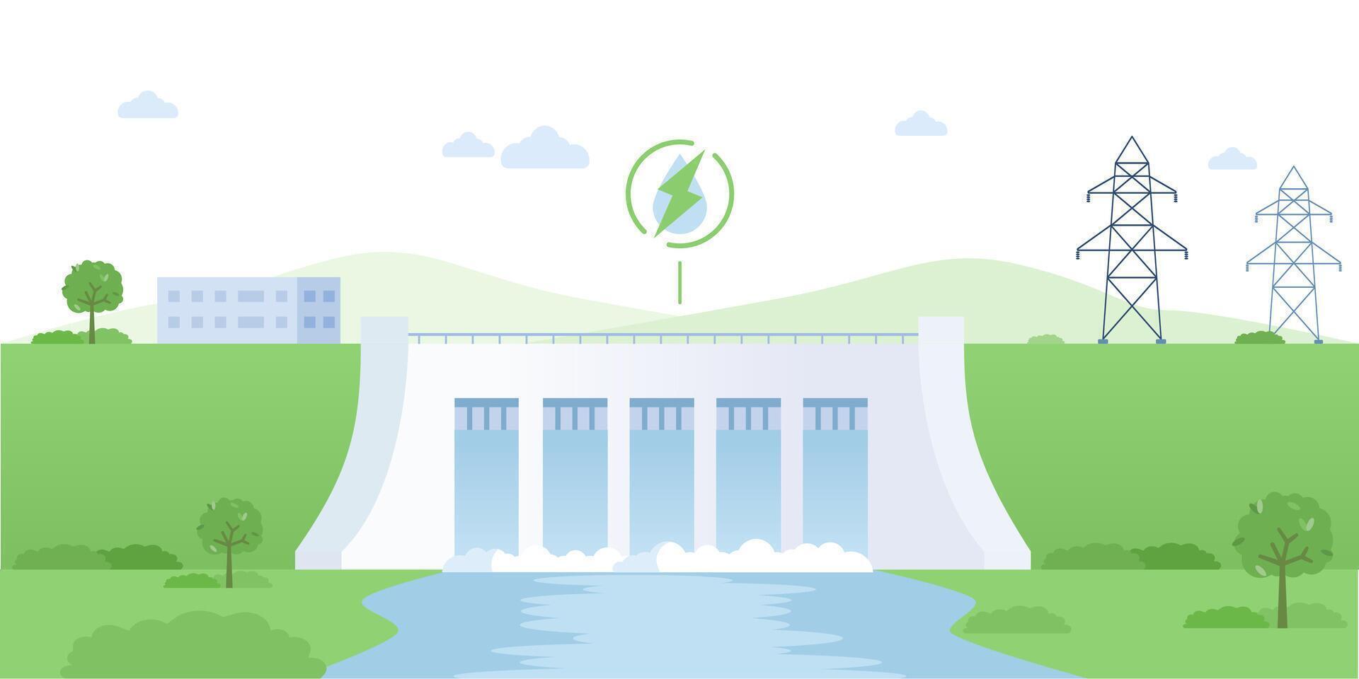 Illustration of a hydroelectric dam generating sustainable energy, surrounded by nature. Dam with turbines as nature-friendly and sustainable resource generation type illustration. vector