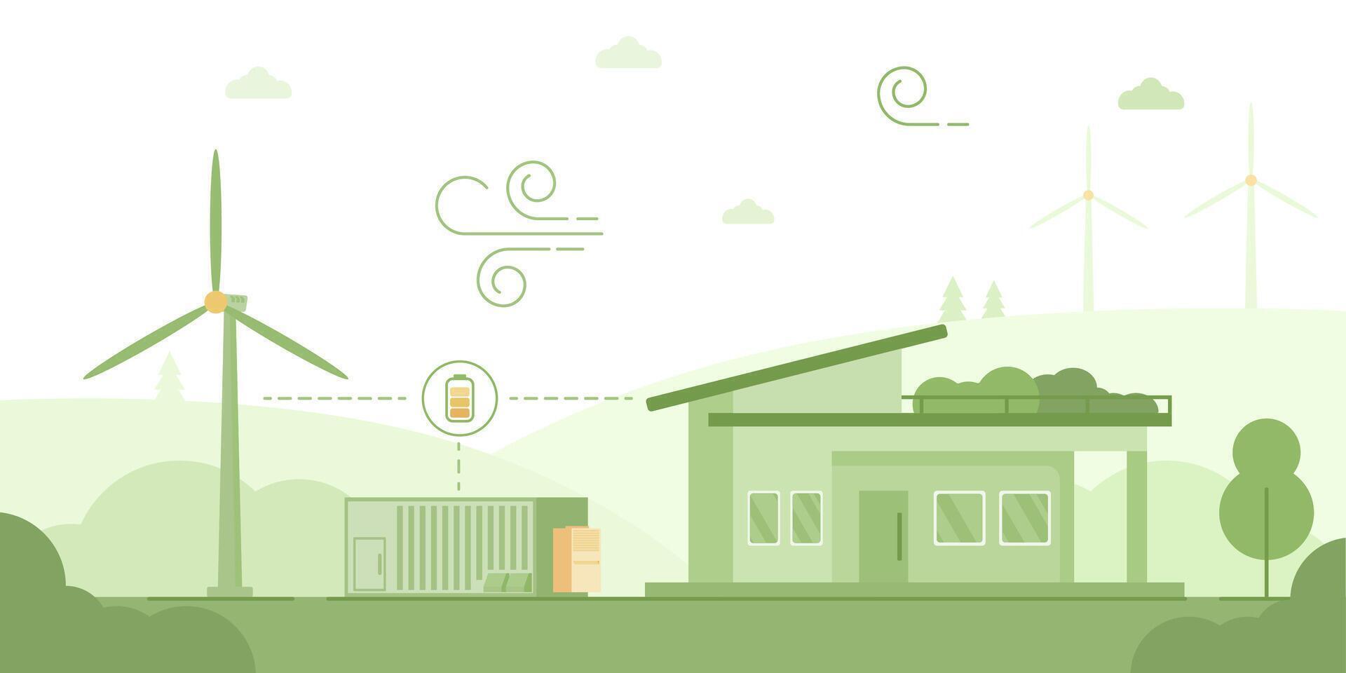 Minimalist illustration of a sustainable energy ecosystem. Features eco-friendly house, wind turbines, and energy storage unit. Green palette emphasizes clean environment and renewable energy vector