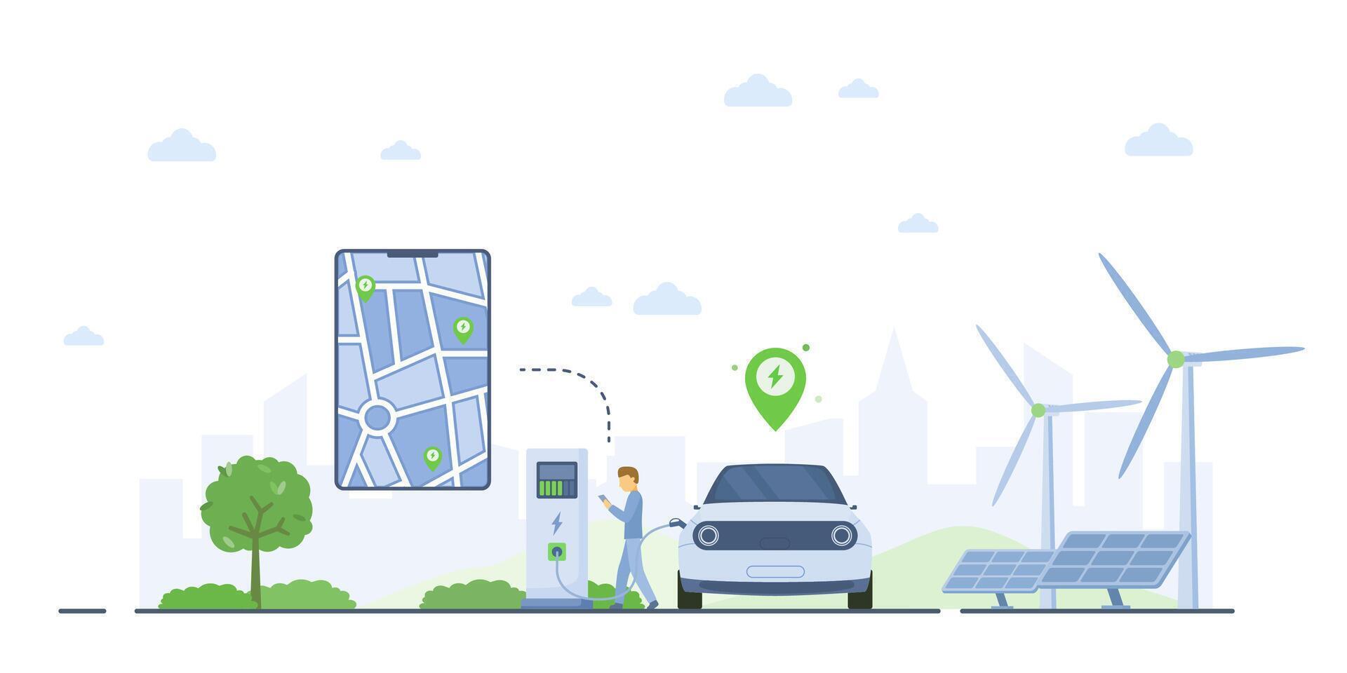 Electric car charging station map concept. A man charges his electric vehicle at a station, using a smartphone app to locate nearby charging points. Turbines and solar panels symbolize green energy vector