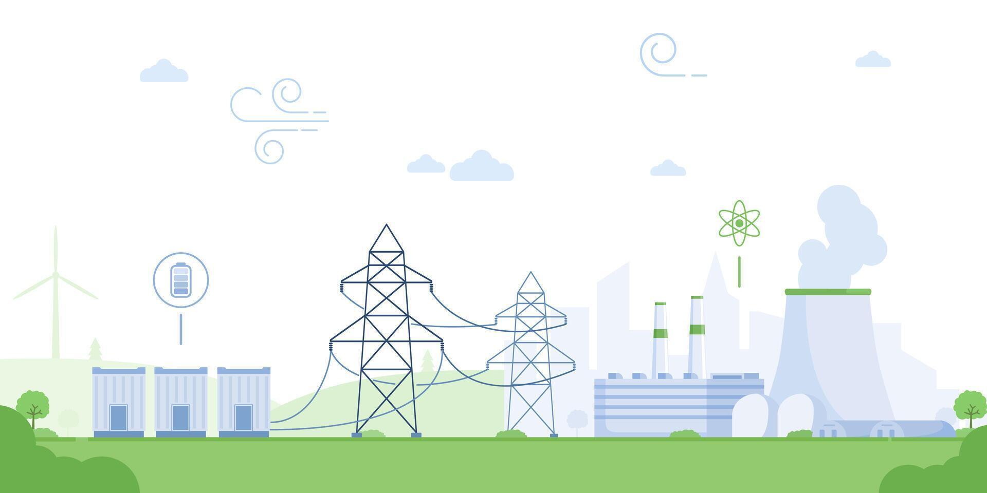 Power grid with electricity distribution wiring from station outline concept. Energy supply lines with towers, generator, and atomic utility illustration. Nuclear reactor with infrastructure. vector