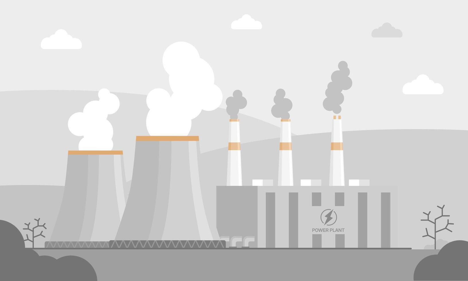 Industrial power plant illustration. Grayscale landscape with cooling towers, smokestacks, and factory buildings. Environmental impact concept. Minimalist design showcasing energy pollution vector
