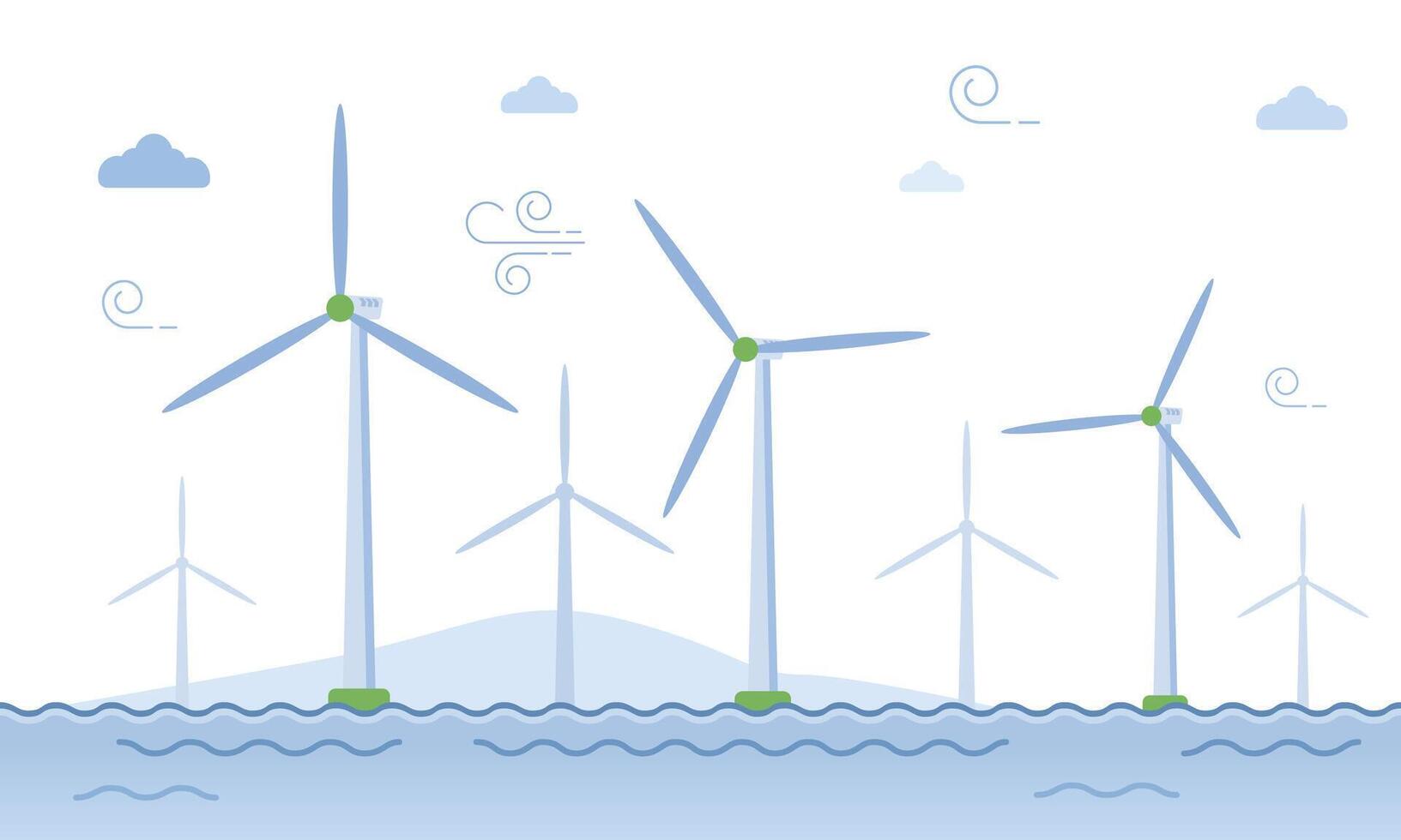 Offshore wind turbine system outline concept. Electrical energy generator technology for alternative and renewable energy production. Green environmental industry development and worldwide strategy. vector