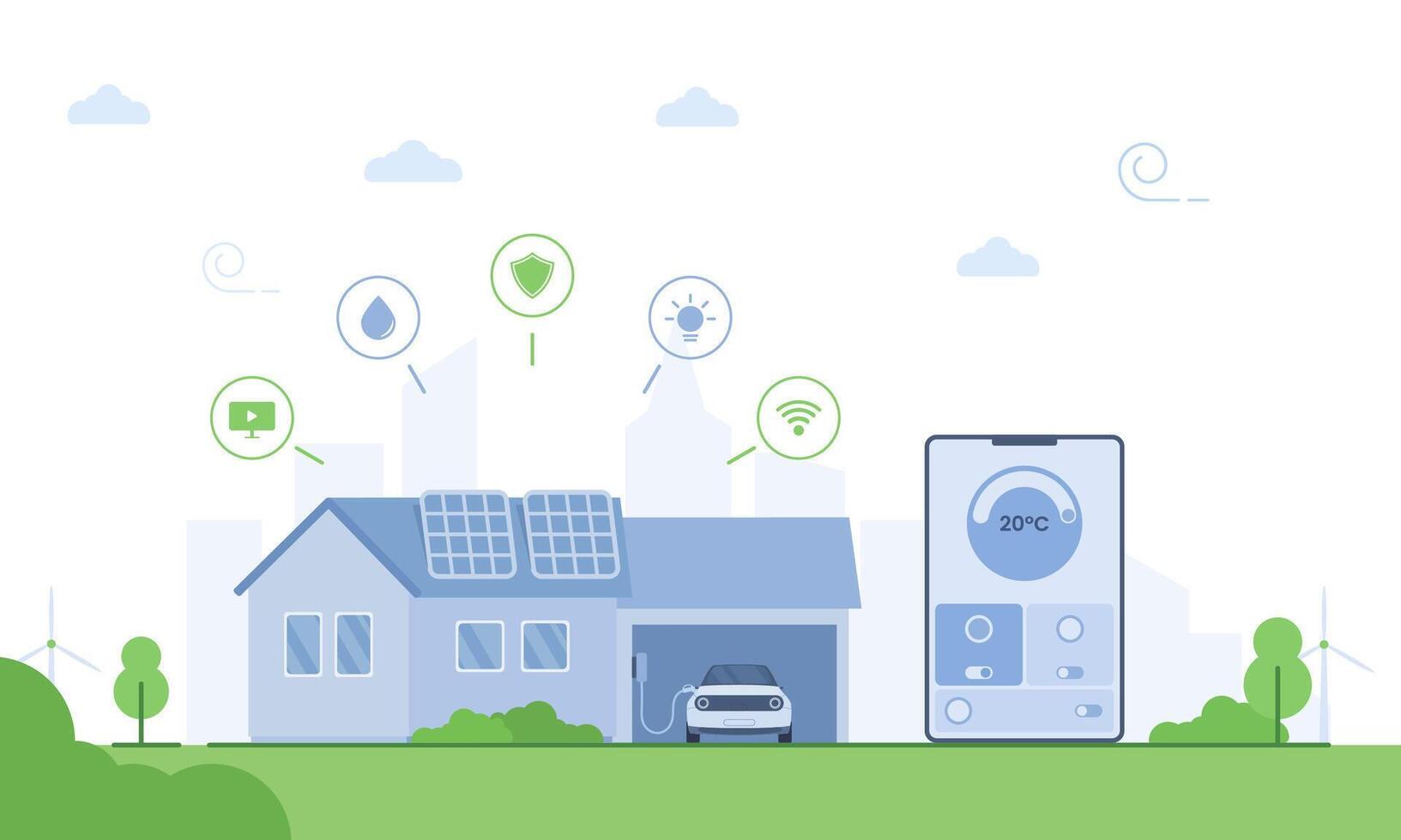 A Smart home concept with a house equipped with solar panels, electric car charging station, and controlled by a smartphone app. Features include temperature control, security, and energy efficiency. vector