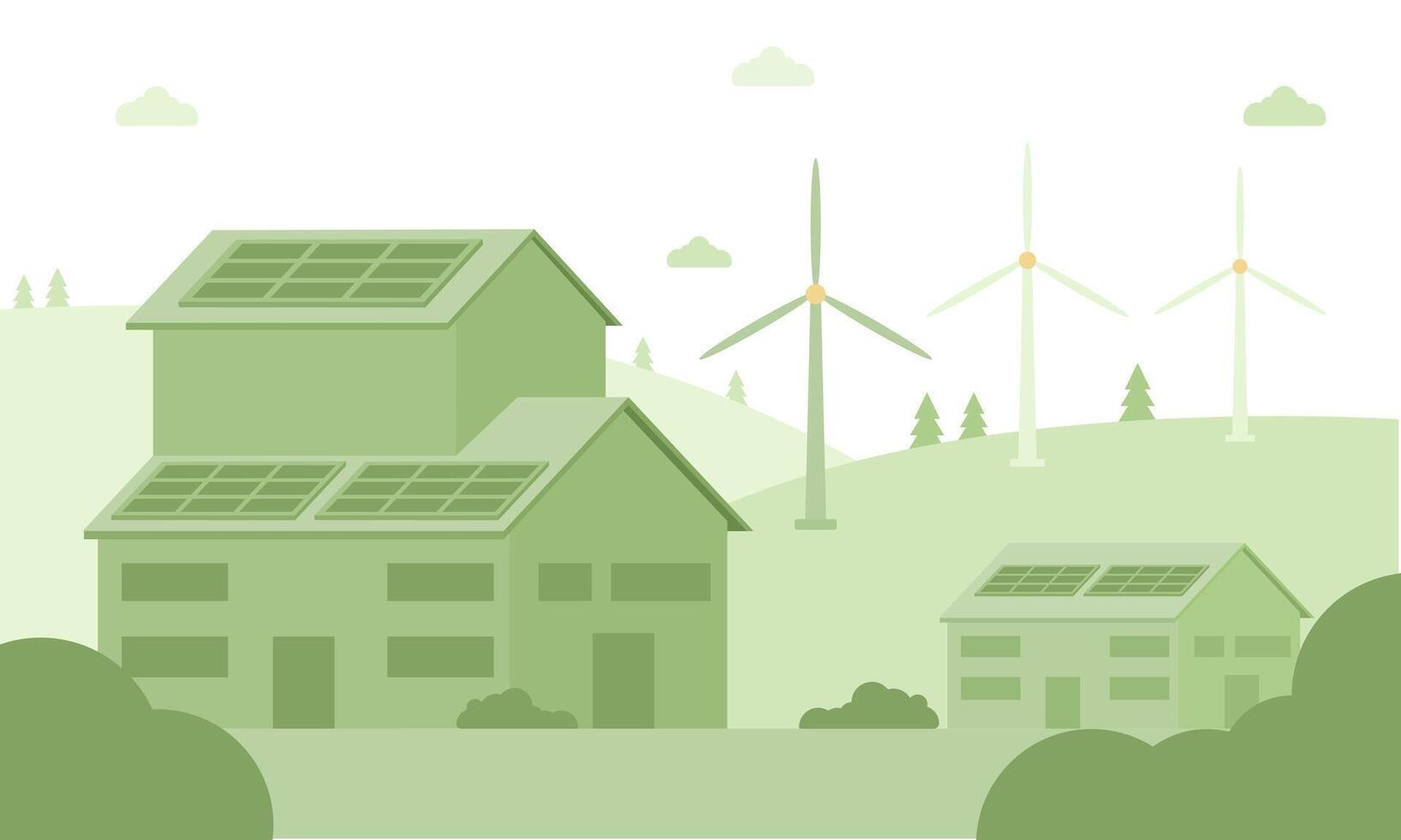 Green residential concept illustration. Eco-friendly houses with solar panels on roofs. Wind turbines in background. Sustainable community and renewable energy integration in a suburban setting. vector