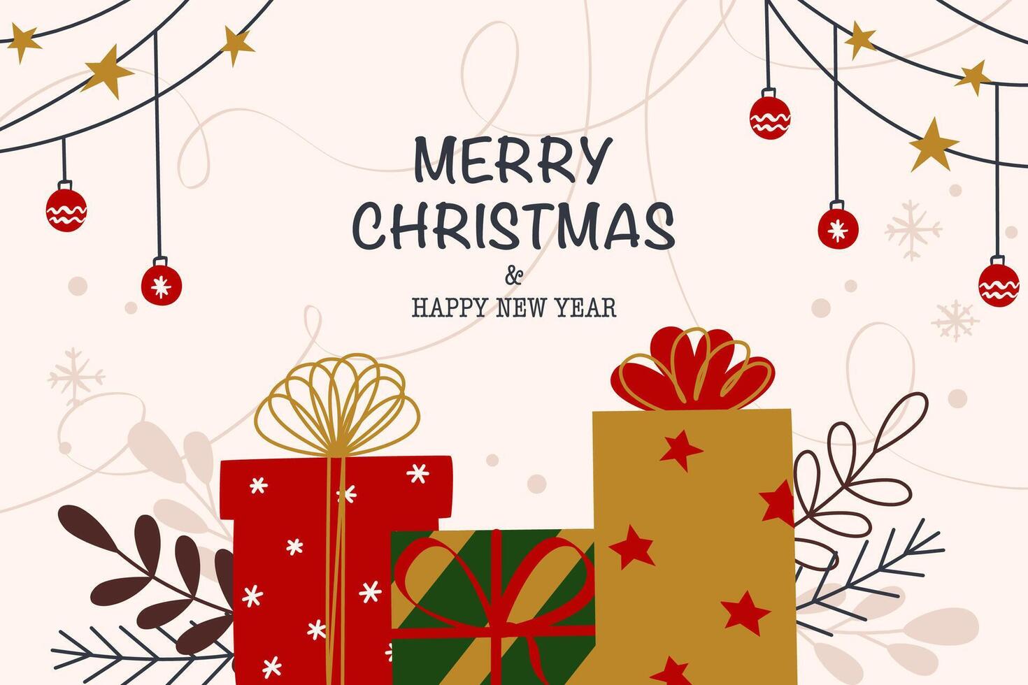Merry Christmas greeting card design template . Gifts, garland, balls vector