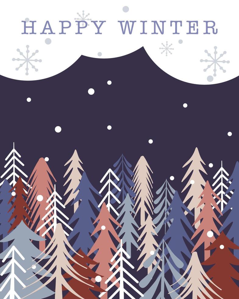 Vertical winter background. Snowy forest in flat style vector