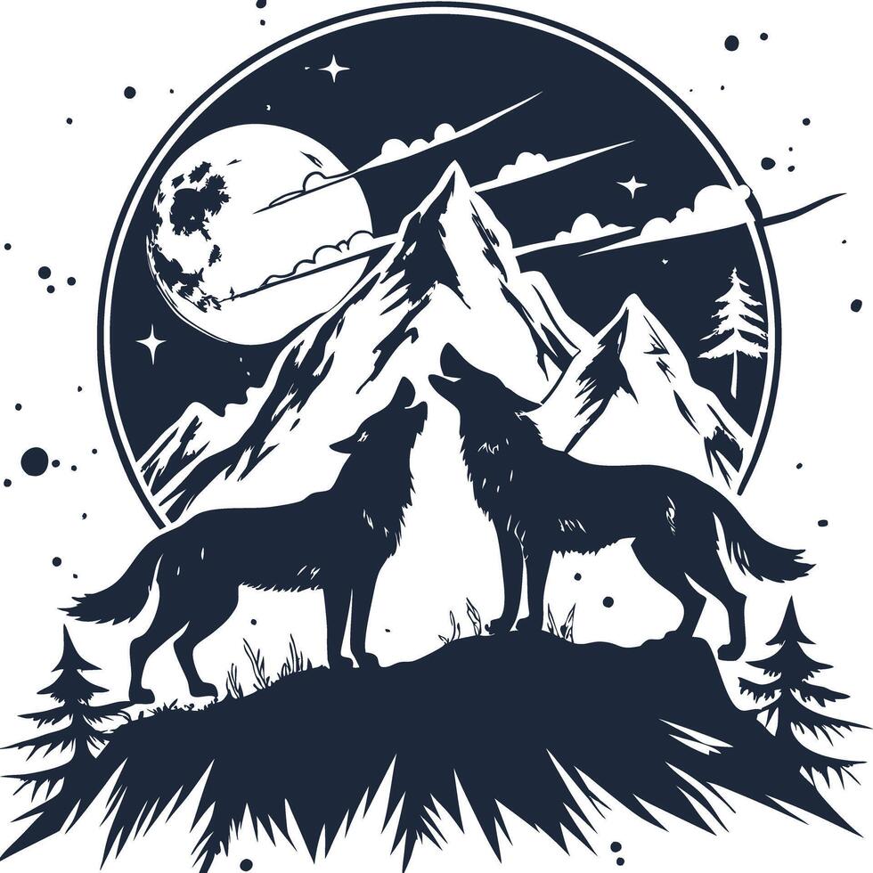 A wolf is standing on a hill with trees vector