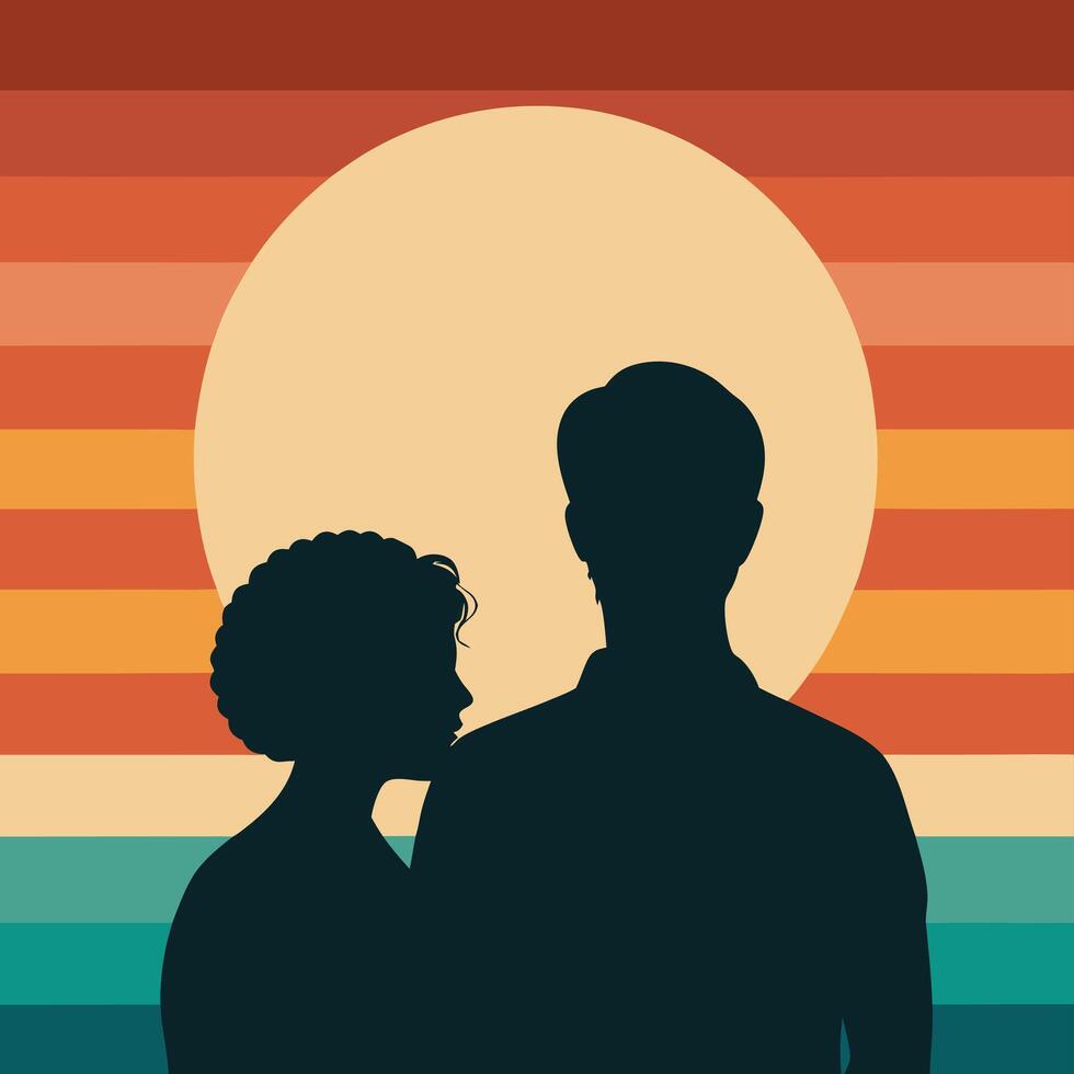 Silhouettes of Couple Under Sunset with Full Moon vector