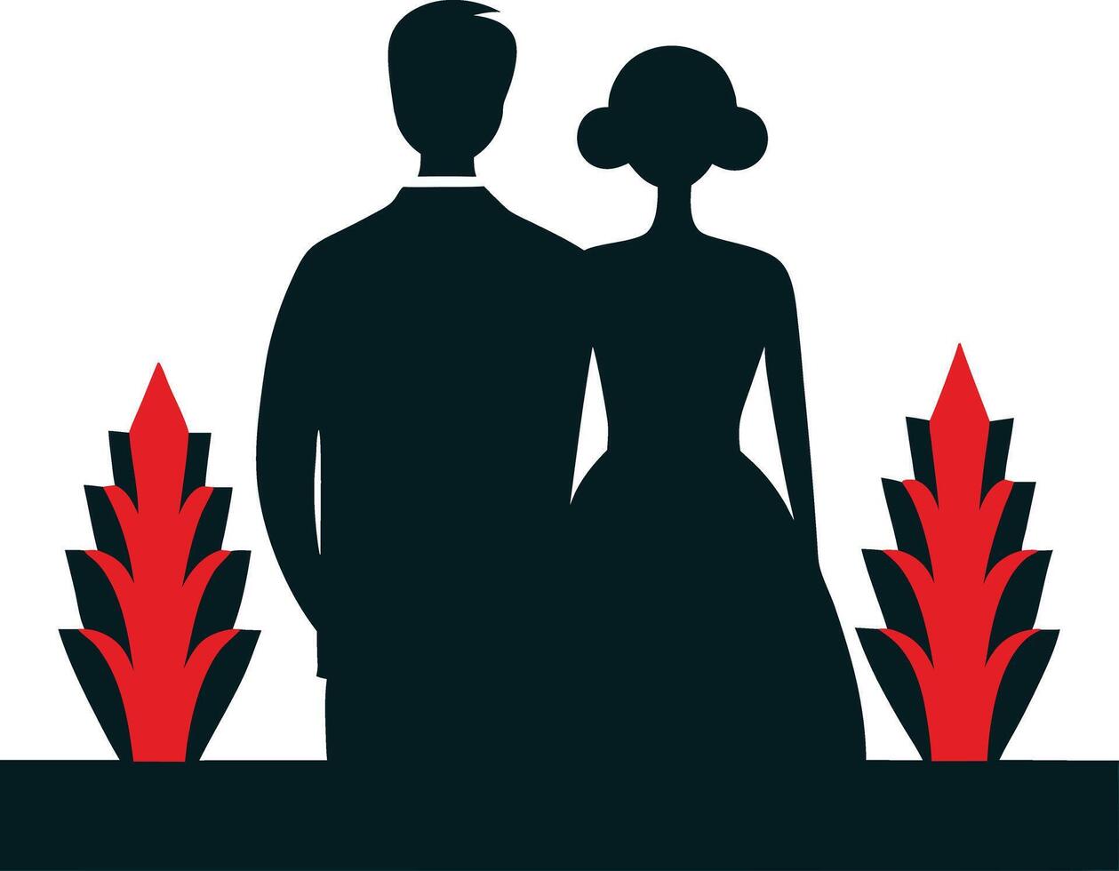 Silhouettes of Couple with Red Floral Design vector