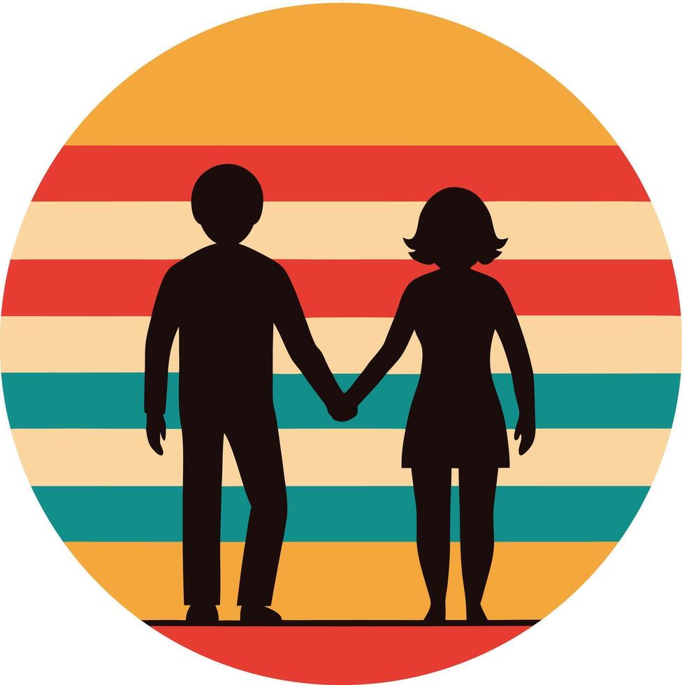 Silhouette Couple Holding Hands Sunset Retro Art vector
