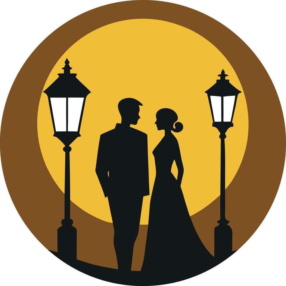 Romantic Couple Silhouettes Under Moonlit Streetlamps vector