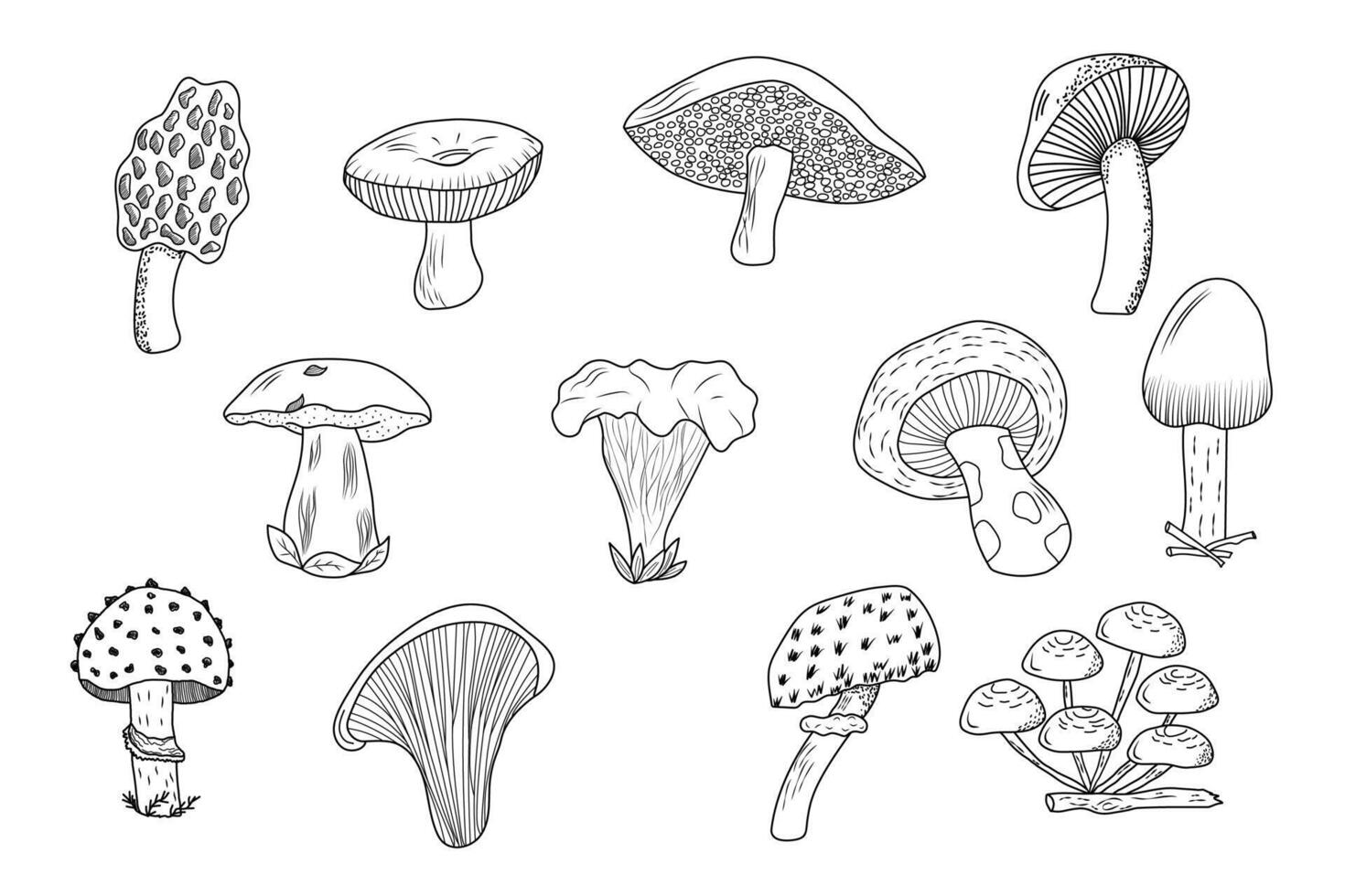 set of stylized doodle mushrooms, for stickers, icons, cover design, banner, menu, post. vector