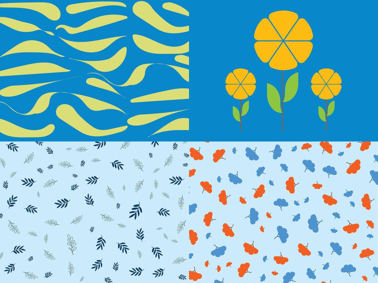 a set of blue and yellow flowers with leaves and blue background. vector