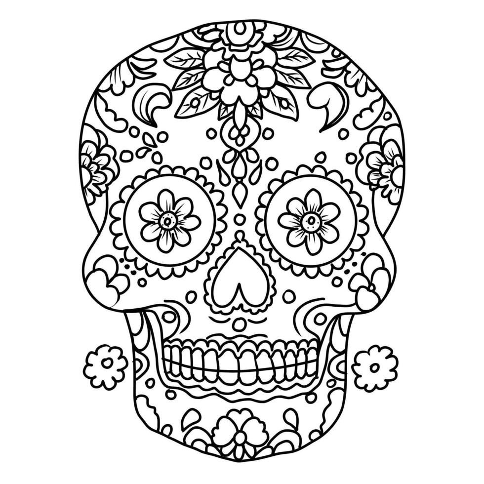 Coloring page sugar skull for adult. Hand drawn illustration for Day of the Dead. vector