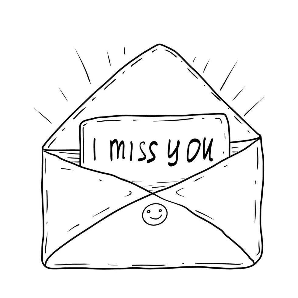 A simple black and white line drawing of an open envelope with a card that says I miss you in bold handwritten letters. The envelope features a smiley face on the flap, expressing warmth. vector