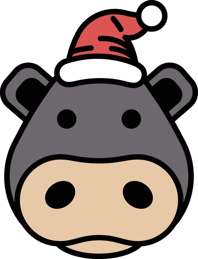 Illustration of a hippo wearing a Santa hat in line art style vector